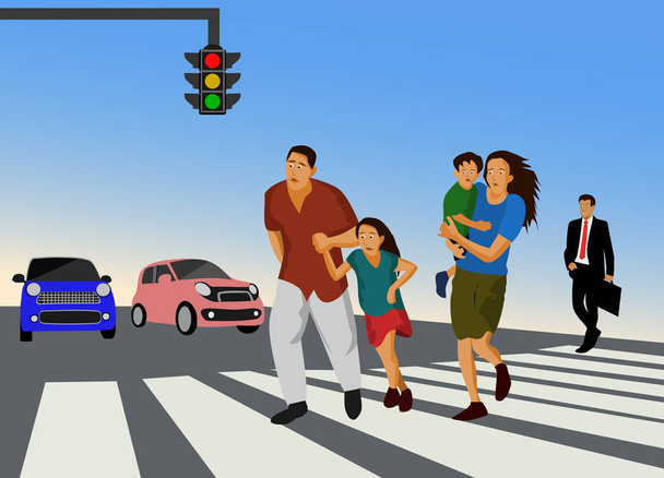 Mensen die de zebrapad oversteken hebben de auto gestopt met wachten met blauwe hemel achtergrond - Vector, afbeelding