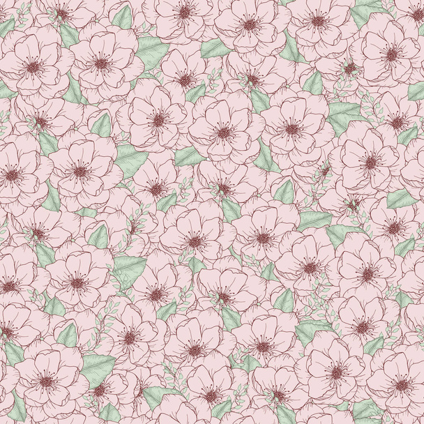 seamless pattern with hand drawn wild rose flower and leaves colored with lettering love vector illustration - Вектор, зображення