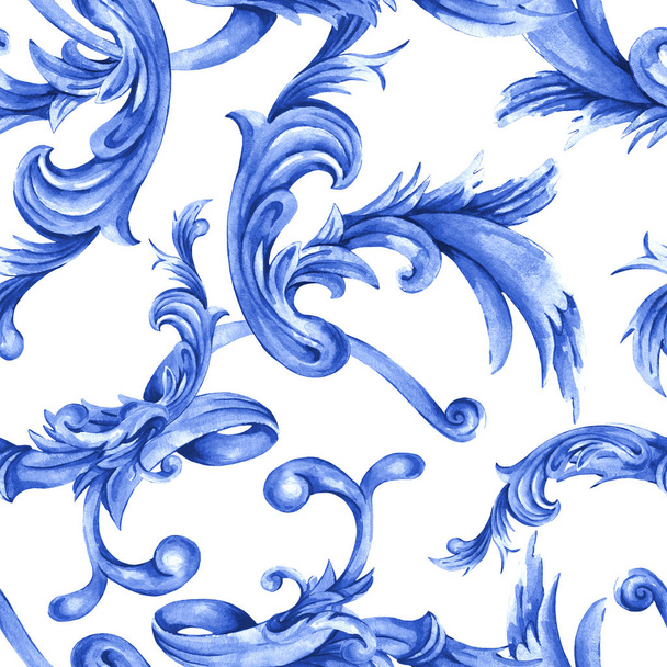 Watercolor blue baroque seamless pattern, rococo ornament textur - Фото, изображение