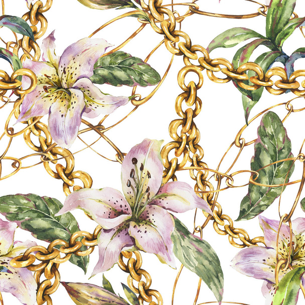 Watercolor gold chains and rings seamless pattern with white roy - Zdjęcie, obraz