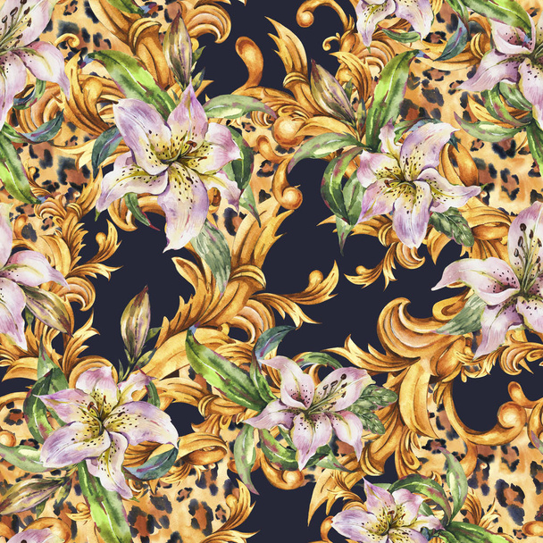 Watercolor golden baroque seamless pattern  with white royal lil - Φωτογραφία, εικόνα