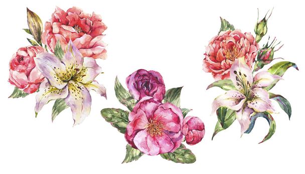 Set di mazzi di fiori acquerello vintage con fiori in fiore. Rose
, - Foto, immagini