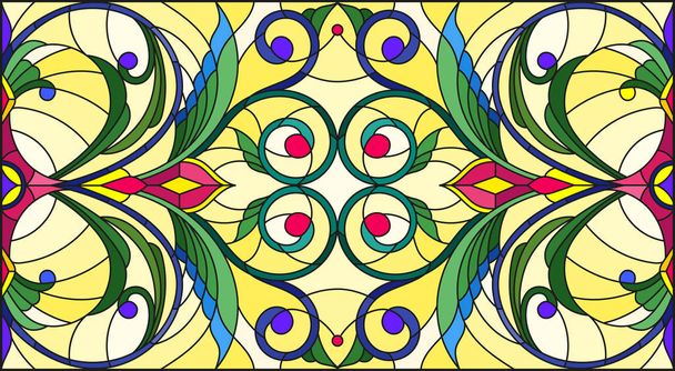 Illustration in stained glass style with abstract  swirls,flowers and leaves  on a yellow background,horizontal orientation - Vector, Image