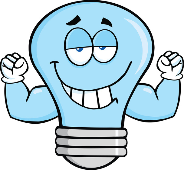 Blue Light Bulb Cartoon Mascot Character With Muscle Arms - Photo, Image
