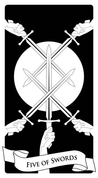 Five of swords. Crossing five swords on a symbolic image of the sun - Vector, Image