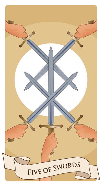 Pięć mieczy. Skrzyżowanie pięciu mieczy na symbolicznym obrazie słońca - Wektor, obraz