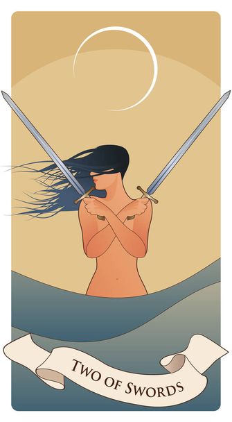 Duas de espadas. Cartas de tarô. Mulher de cabelos vento com duas espadas cruzadas sobre seu peito, no mar sob a lua crescente. - Vetor, Imagem