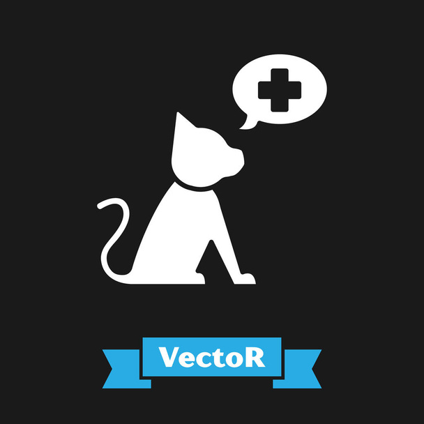 White Veterinary clinic symbol icon isolated on black background. Cross with cat veterinary care. Pet First Aid sign. Vector Illustration - Vector, Image