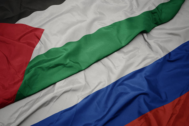zwaaiende kleurrijke vlag van Rusland en de nationale vlag van Palestina. - Foto, afbeelding