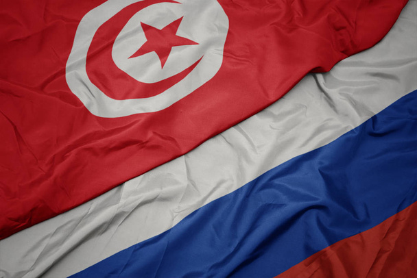 acenando bandeira colorida da Rússia e bandeira nacional da tunisia
. - Foto, Imagem