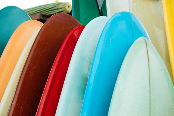 Набор разноцветных досок для серфинга в аренду на пляже. Разноцветные доски для серфинга различных размеров и цветов на стенде, аренда досок для серфинга - Фото, изображение