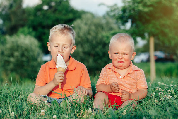 Two Caucasian funny children boys siblings sitting together eating sharing one ice-cream. Toddler younger baby crying and older brother teasing him. Love envy jealous brothers friendship. - Photo, Image