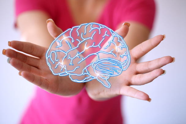 Használja az agy – mind energia-nő kéz mutatja az agyat - Fotó, kép