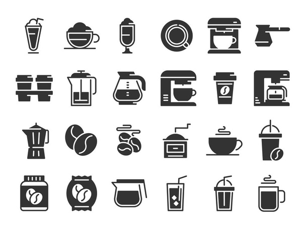 Кофейные силуэты. Чашка горячего напитка, кофеварка и векторные пиктограммы бобов
 - Вектор,изображение