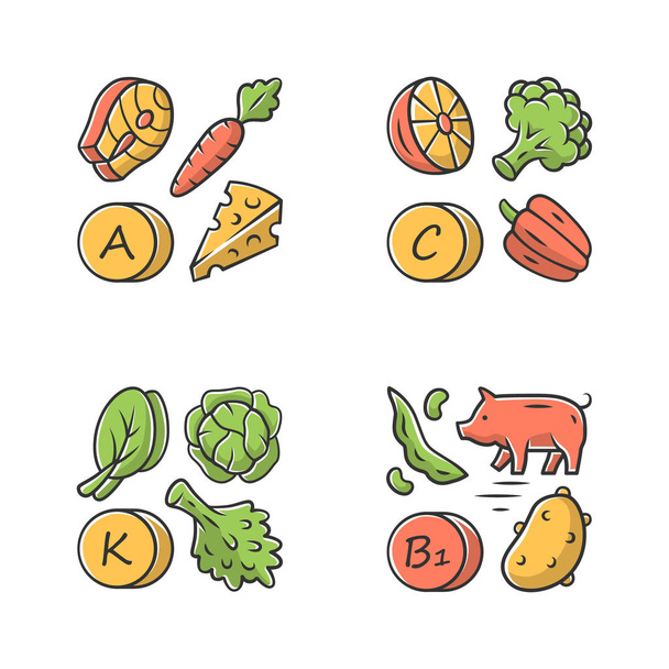 Jsou nastaveny barevné ikony vitaminů. A, C, B1, K vitamíny přírodní potravinářské kyselé - Vektor, obrázek