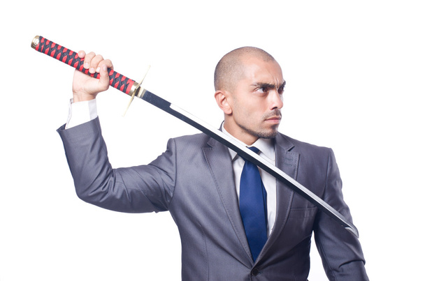 Uomo d'affari con spada isolata su bianco - Foto, immagini