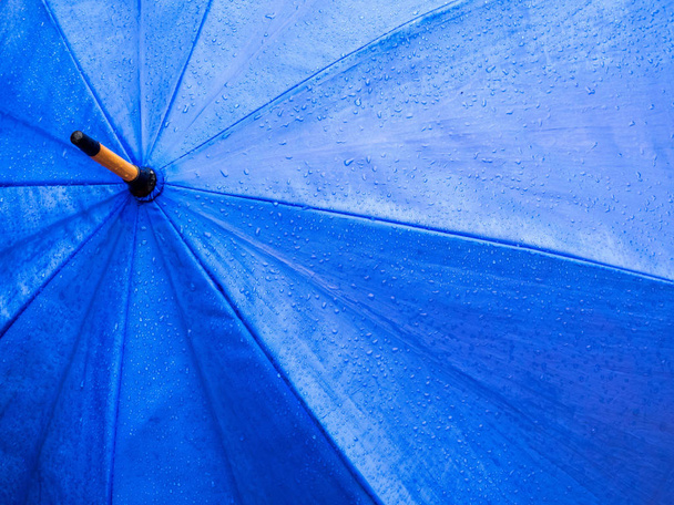  Zbliżenie Raindrops na niebieskim parasolem - Zdjęcie, obraz