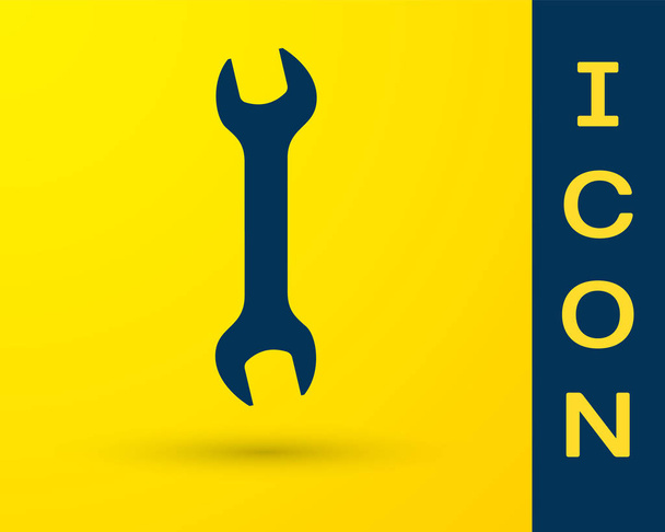 Ikona niebieskiego klucza jest odizolowana na żółtym tle. Narzędzie do naprawy kluczy. Symbol narzędzia serwisowego. Ilustracja wektorowa - Wektor, obraz