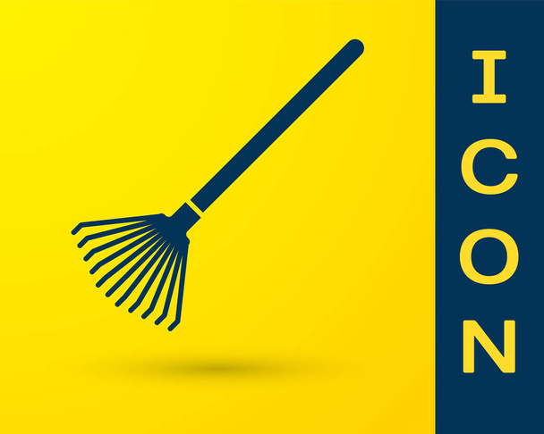 Blue Garden rake for leaves icon isolated on yellow background. Tool for horticulture, agriculture, farming. Ground cultivator. Vector Illustration - Vector, Image