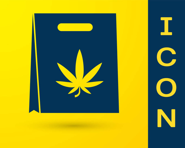 Blue Shopping bolsa de papel de marihuana medicinal o icono de hoja de cannabis aislado sobre fondo amarillo. Comprar cannabis. Un símbolo de cáñamo. Ilustración vectorial
 - Vector, imagen