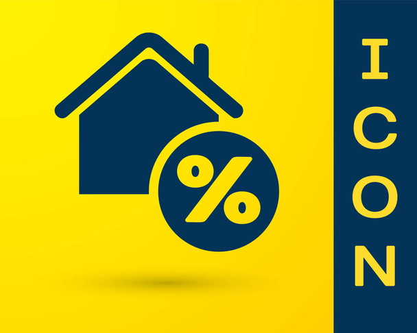 Синий дом с процентным значком скидки на желтом фоне. Цена указана в процентах. Дом недвижимости. Символ процента кредита. Векторная миграция
 - Вектор,изображение