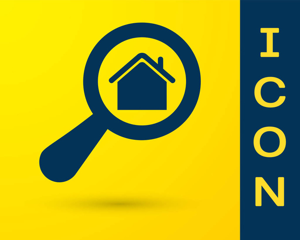 blaues Haussuchsymbol auf gelbem Hintergrund. Immobiliensymbol eines Hauses unter der Lupe. Vektorillustration - Vektor, Bild