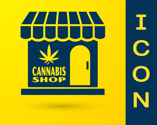 Blauwe marihuana en cannabis winkel icoon geïsoleerd op gele achtergrond. Apparatuur en accessoires voor het roken, opslag van medische cannabis. Vector Illustratie - Vector, afbeelding