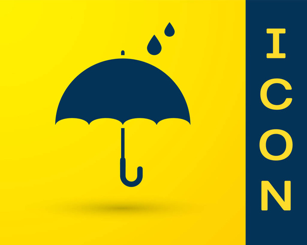 Μπλε ομπρέλα και βροχή σταγόνες εικονίδιο απομονώνεται σε κίτρινο φόντο. Αδιάβροχο εικονίδιο. Προστασία, ασφάλεια, έννοια ασφαλείας. Ανθεκτικό στο νερό σύμβολο. Απεικόνιση διανυσματικών φορέων - Διάνυσμα, εικόνα