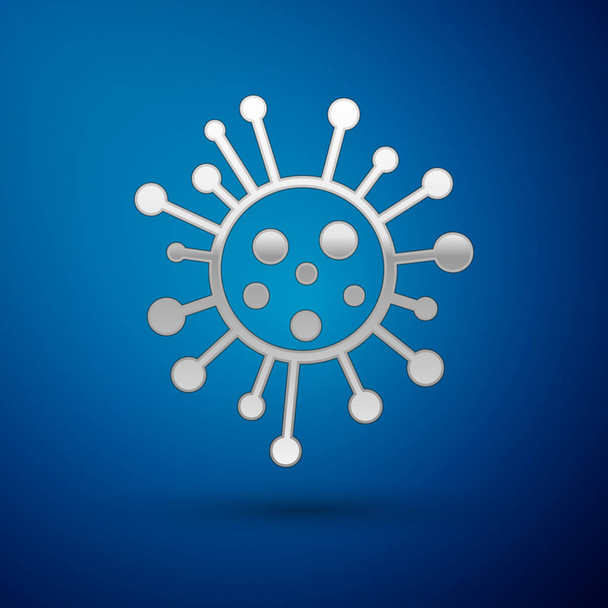 silbernes Bakteriensymbol isoliert auf blauem Hintergrund. Bakterien und Keime, krankheitsverursachende Mikroorganismen, Zellkrebs, Mikroben, Viren, Pilze. Vektorillustration - Vektor, Bild