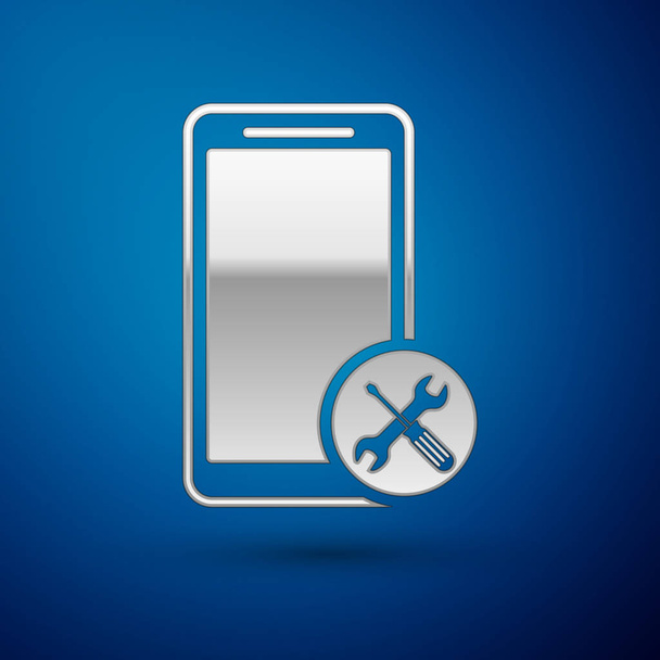 Smartphone Prata com chave de fenda e ícone chave isolada no fundo azul. Ajuste, serviço, configuração, manutenção, reparação, fixação. Ilustração vetorial
 - Vetor, Imagem