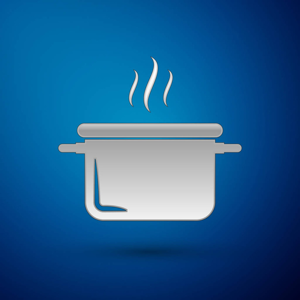 Иконка серебряного кухонного горшка на синем фоне. Вскипятить или тушить пищевой символ. Векторная миграция
 - Вектор,изображение