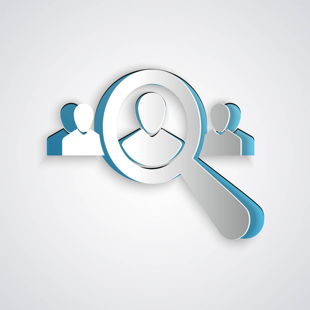 Paper cut Magnifying glass for search a people icon isolated on grey background. Recruitment or selection concept. Search for employees and job. Paper art style. Vector Illustration - Vector, Image