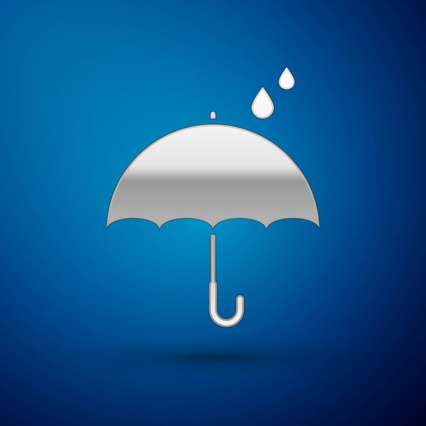 Srebrny parasol i krople deszczu ikona izolowane na niebieskim tle. Wodoodporna ikona. Ochrona, bezpieczeństwo, koncepcja bezpieczeństwa. Wodoodporny symbol. Ilustracja wektorowa - Wektor, obraz