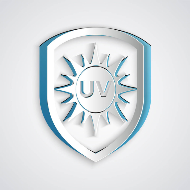 Icono de protección UV de corte de papel aislado sobre fondo gris. Sol y escudo. Radiación ultravioleta. Señal solar SPF. Estilo de arte de papel. Ilustración vectorial
 - Vector, imagen