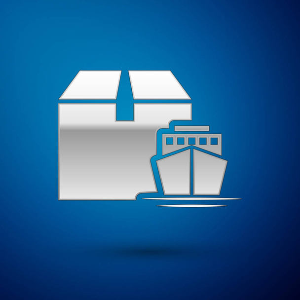 silbernes Frachtschiff mit Boxen Lieferservice-Symbol isoliert auf blauem Hintergrund. Lieferung, Transport. Frachter mit Paketen, Kisten, Waren. Vektorillustration - Vektor, Bild