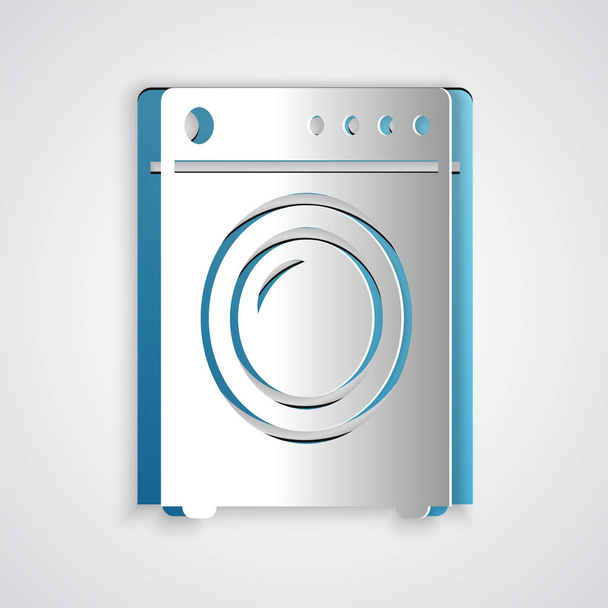 Papier gesneden Wasmachine pictogram geïsoleerd op grijze achtergrond. Wasmachine icoon. Wasmachine - wasmachine. Huishoudapparaat symbool. Papierkunst stijl. Vector Illustratie - Vector, afbeelding