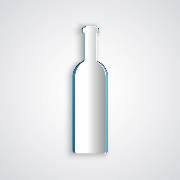 灰色の背景に隔離されたワインアイコンのペーパーカットボトル。ペーパーアートスタイル。ベクトルイラストレーション - ベクター画像