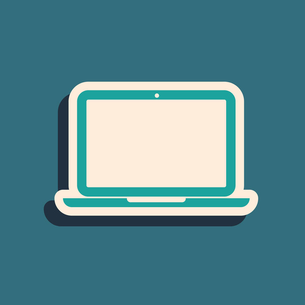 Zöld laptop ikon izolált kék háttér. Számítógép Jegyzetfüzet-val üres képernyő jel. Hosszú árnyékstílus. Vektoros illusztráció - Vektor, kép