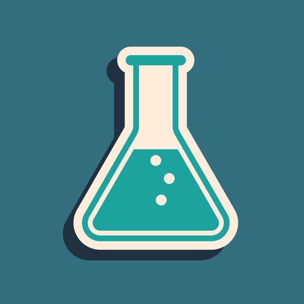 Πράσινο δοκιμαστικό σωλήνα και φιάλη-χημικό εργαστήριο δοκιμής απομονώνεται σε μπλε φόντο. Μεγάλο στυλ σκιάς. Απεικόνιση διανυσματικών φορέων - Διάνυσμα, εικόνα