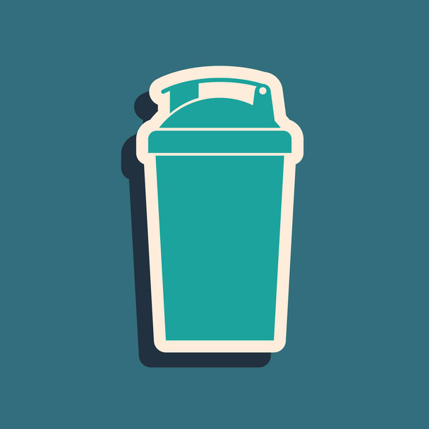 Icono del agitador Green Fitness aislado sobre fondo azul. Botella agitadora deportiva con tapa para cócteles de agua y proteínas. Estilo de sombra larga. Ilustración vectorial
 - Vector, imagen