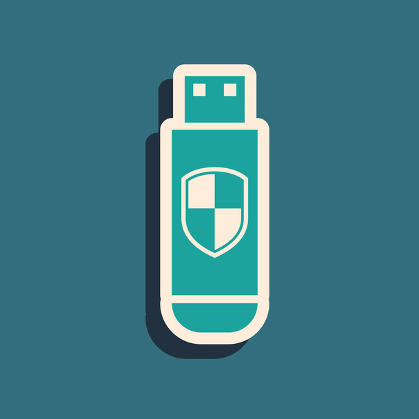 Green USB flash drive and protection shield icon isolated on blue background. Long shadow style. Vector Illustration - Vector, Image
