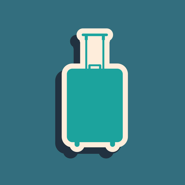 Zelený cestovní kufřík, ikona izolovaná na modrém pozadí. Nápis-cestovní zavazadla. Ikona cestovního zavazadla. Dlouhý styl stínu. Vektorová ilustrace - Vektor, obrázek