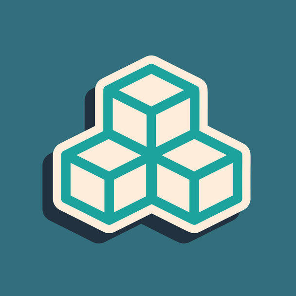 Icono de cubo isométrico verde aislado sobre fondo azul. Cubos geométricos icono sólido. Signo cuadrado 3D. Símbolo caja. Estilo de sombra larga. Ilustración vectorial
 - Vector, imagen