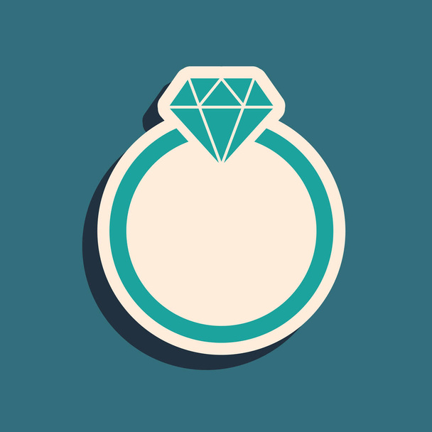 Ikona zásnubní prstýnek zeleného diamantu izolovaná na modrém pozadí. Dlouhý styl stínu. Vektorová ilustrace - Vektor, obrázek