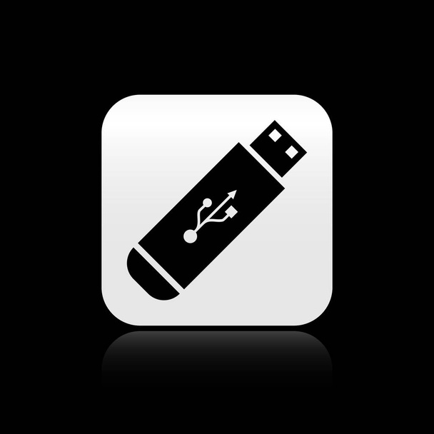 schwarzes USB-Stick-Symbol isoliert auf schwarzem Hintergrund. Silberner quadratischer Knopf. Vektorillustration - Vektor, Bild