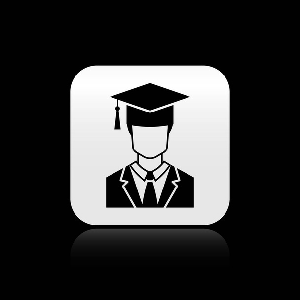 黒い背景に隔離されたガウンと卒業キャップアイコンを持つ黒人男性大学院生のプロフィール。シルバーの正方形のボタン。ベクトルイラストレーション - ベクター画像
