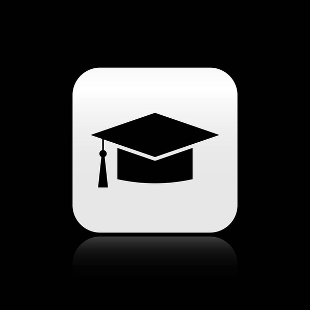 Ícone de boné de graduação preto isolado no fundo preto. Chapéu de graduação com ícone de borla. Botão quadrado de prata. Ilustração vetorial
 - Vetor, Imagem