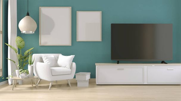 TV on stand cabinet in blue modern living room with armchair and - Valokuva, kuva