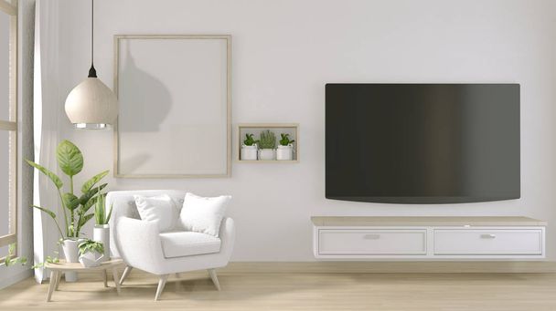TV op standaard kast in moderne woonkamer met fauteuil en deco - Foto, afbeelding
