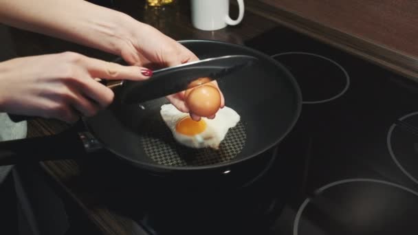Female hands breaking eggs with knife and frying on pan - Záběry, video